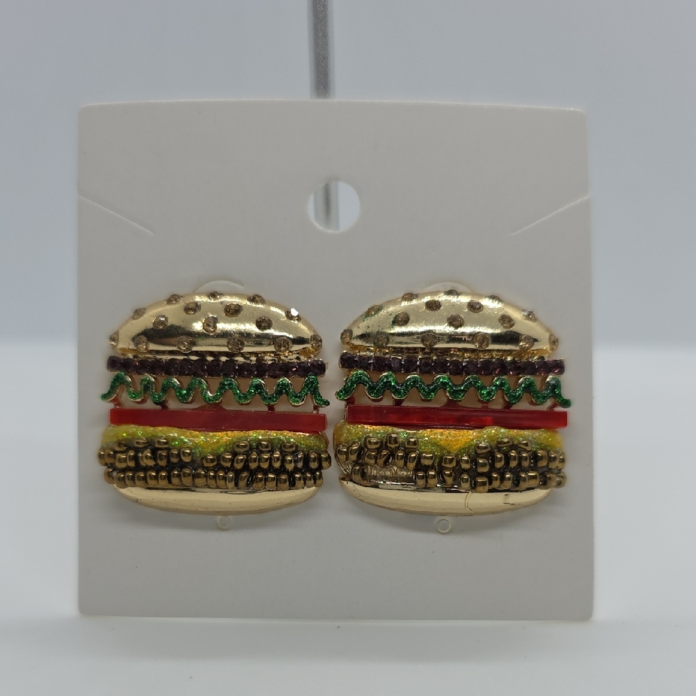 Gold and Red Burger Earrings